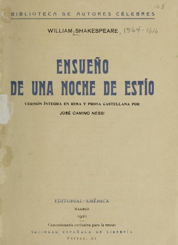 William Shakespeare: Ensueno de una noche de estío (Spanish language, 1920, Editorial-América)